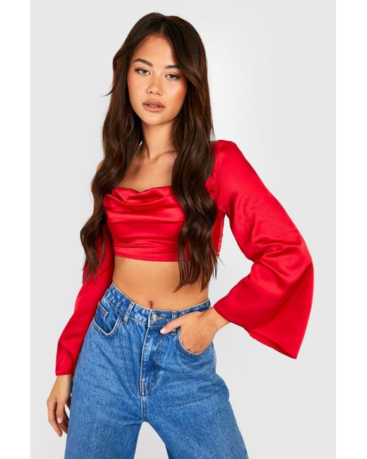 Boohoo Red Cowl Front Square Neck Satin Crop Top