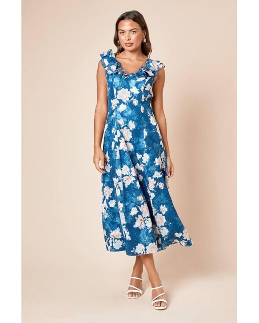 Dorothy Perkins Blue Dp Luxe Floral Printed Jacquard Chiffon Ruffle Front Sleeveless Midi Dress
