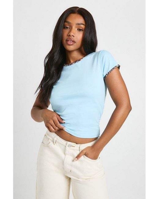 Boohoo Blue Leopard Print Ringer Tee