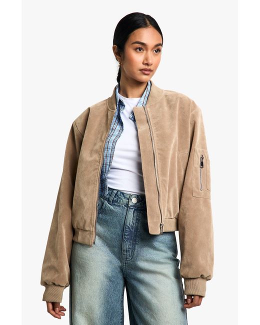 Boohoo Blue Suede Look Shoulder Pad Bomber Jacket