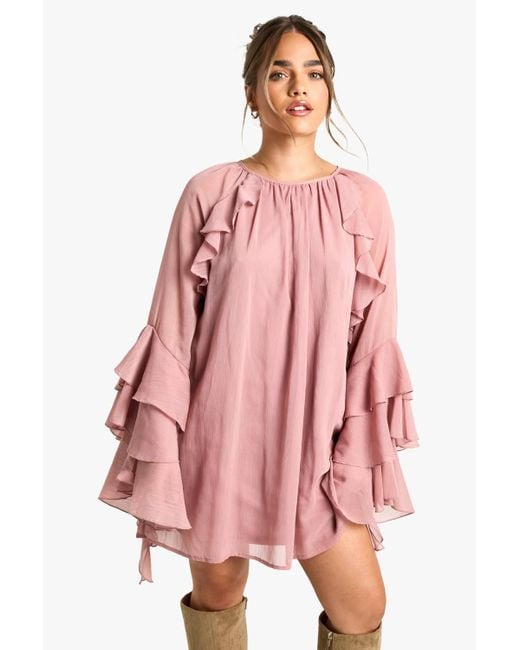 Boohoo Petite Ruffle Flare Sleeve Mini Shift Dress in Pink Lyst