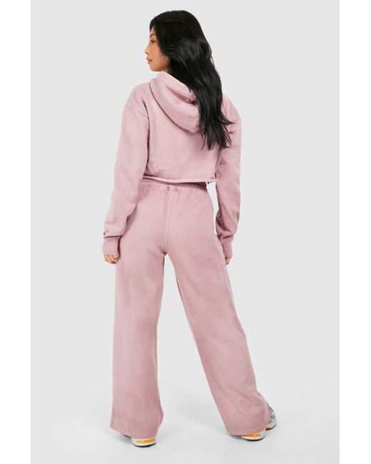 Boohoo Pink Petite Dsgn Cropped Hoodie Wide Leg Washed Tracksuit