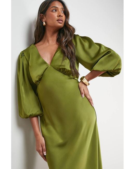 Oasis Green Satin V Neck Balloon Sleeve Bias Midi Dress