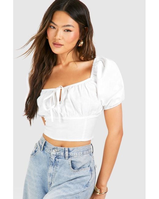 Linen Rouched Milkmaid Top Boohoo de color White