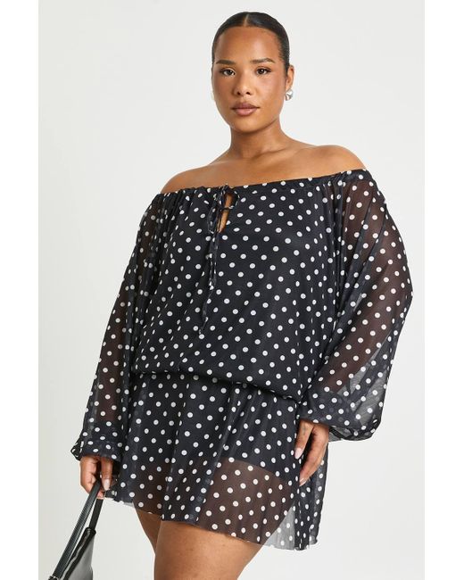Boohoo Black Plus Mesh Polka Drop Hem Mini Dress