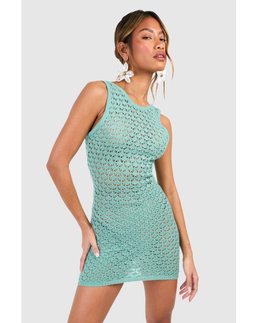 Boohoo Green Chunky Crochet Scoop Back Mini Dress
