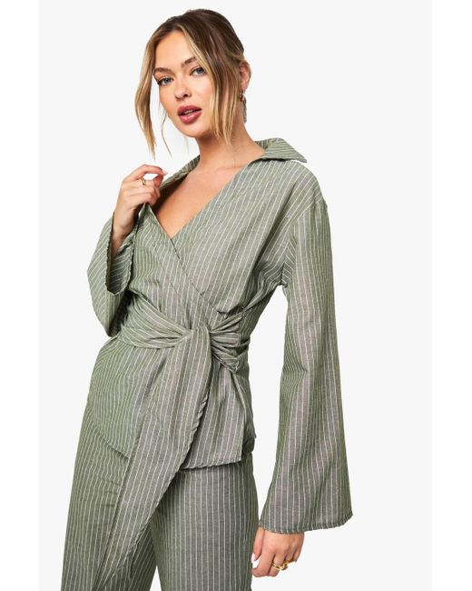 Boohoo Green Striped Wrap Tie Blouse