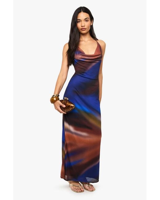 Boohoo Mesh Print Cowl Maxi Dress in Blue | Lyst