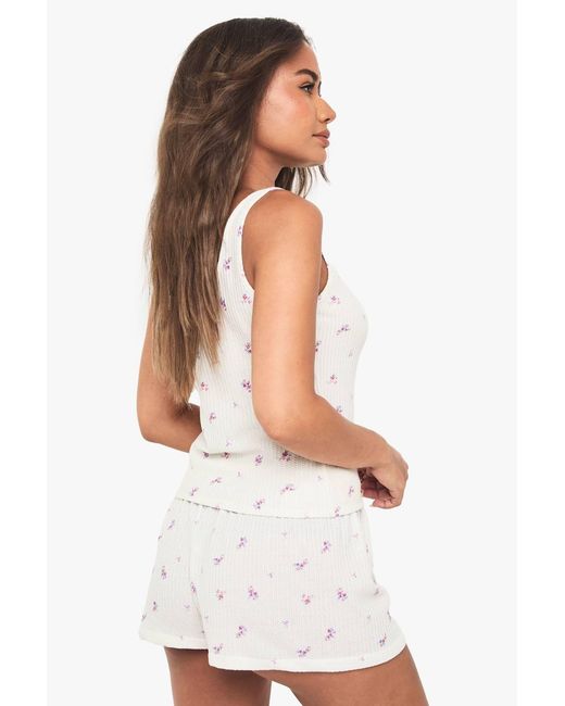 Boohoo White Ditsy Waffle Drawstring Mini Short