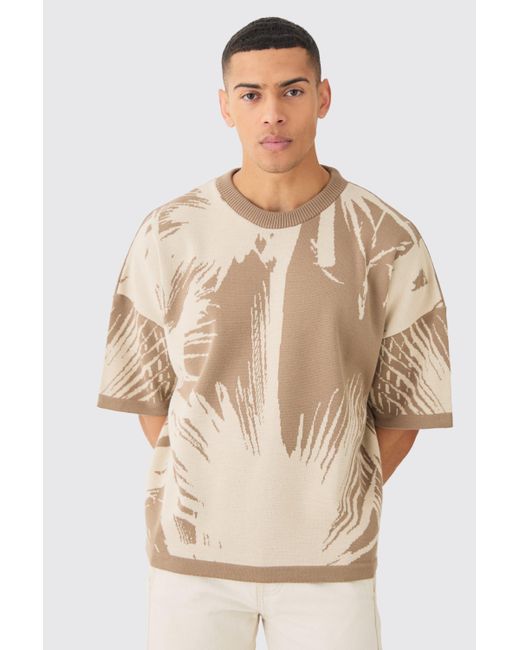 BoohooMAN Natural Oversized Tonal Abstract Drawing Knitted T-shirt for men