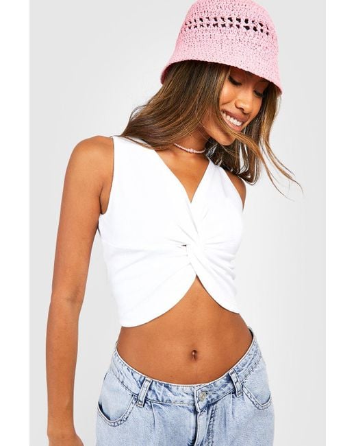 Boohoo Twist Front Ribbed Crop Top in White