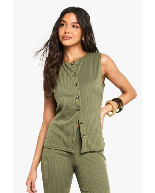 Conjunto De Pantalón Y Top Sin Mangas De Canalé Con Botones Boohoo de color Green