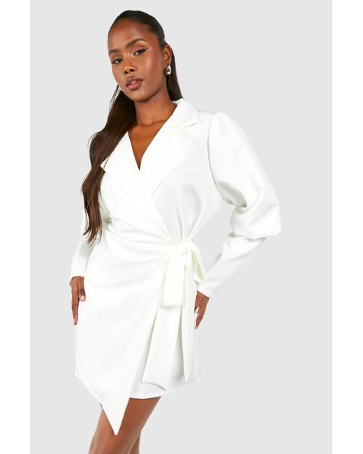 Boohoo White Volume Sleeve Tie Waist Blazer Dress