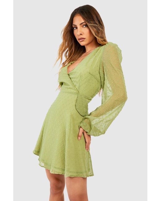 Boohoo Green Dobby Blouson Sleeve Wrap Mini Dress
