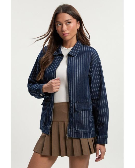Stripe Denim Collared Jacket Boohoo de color Blue