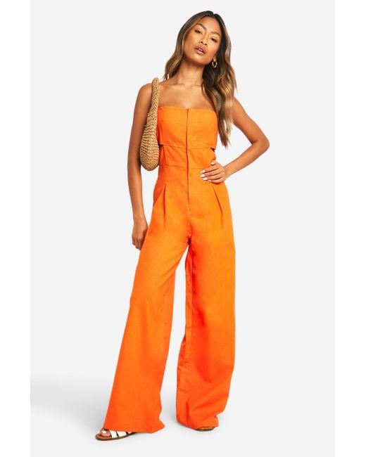 Boohoo Orange Linen Blend Cut Out Jumpsuit