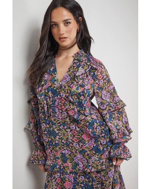 Oasis Multicolor Printed Boho Ruffle Button Down Mini Dress