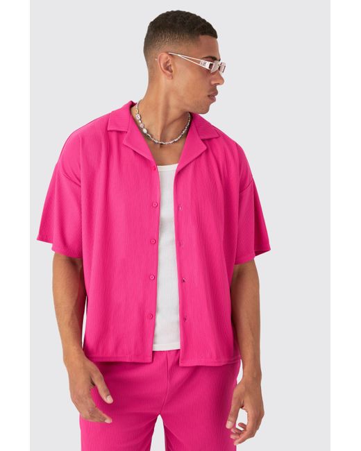 Short Sleeve Ribbed Boxy Shirt & Short Boohoo de color Pink
