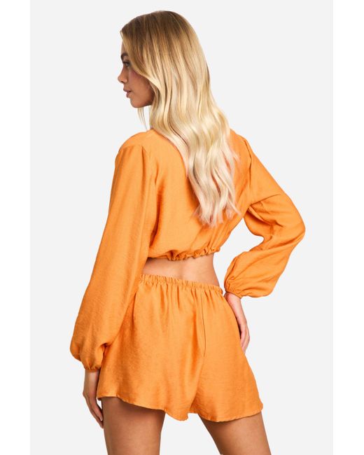 Boohoo Orange Textured Volume Sleeve Crop & Flippy Shorts