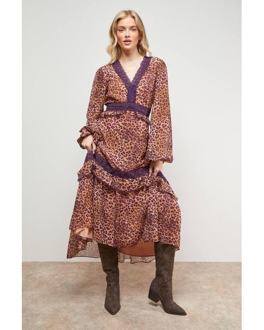 Oasis Multicolor Printed Lace Detail Volume Boho Maxi Dress