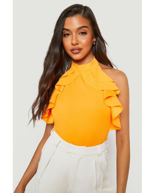 Boohoo Ruffle Halterneck Sleeveless One Piece in Orange Lyst