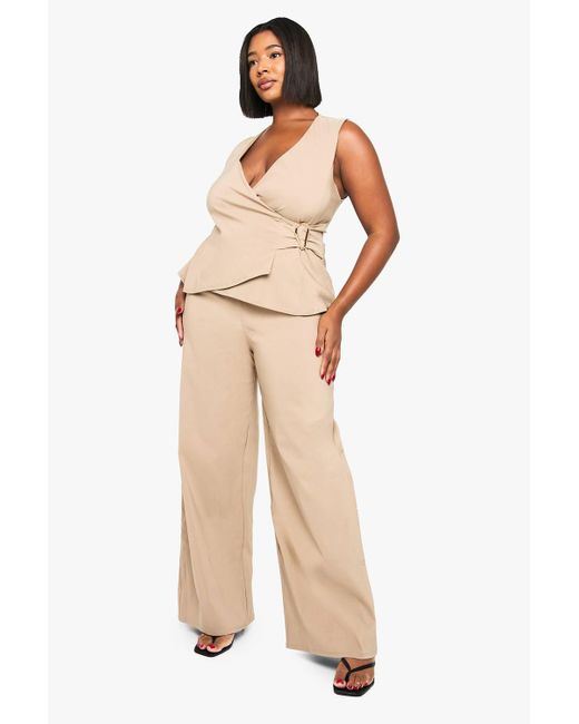 Boohoo Natural Plus Detail Waistcoat And Wide Leg Trouser