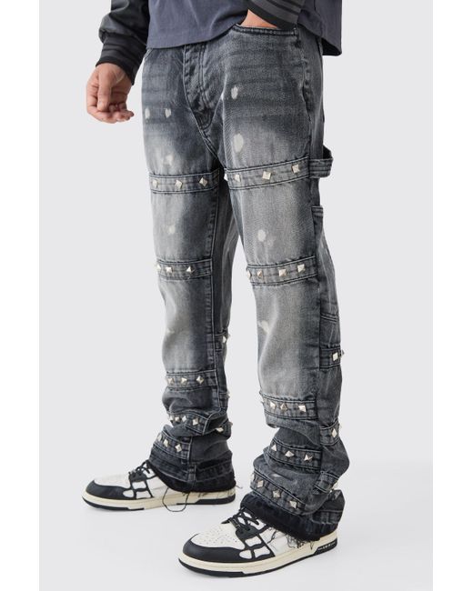BoohooMAN Tall Slim Rigid Flare Embellished Strap Detail Jeans in Black für Herren