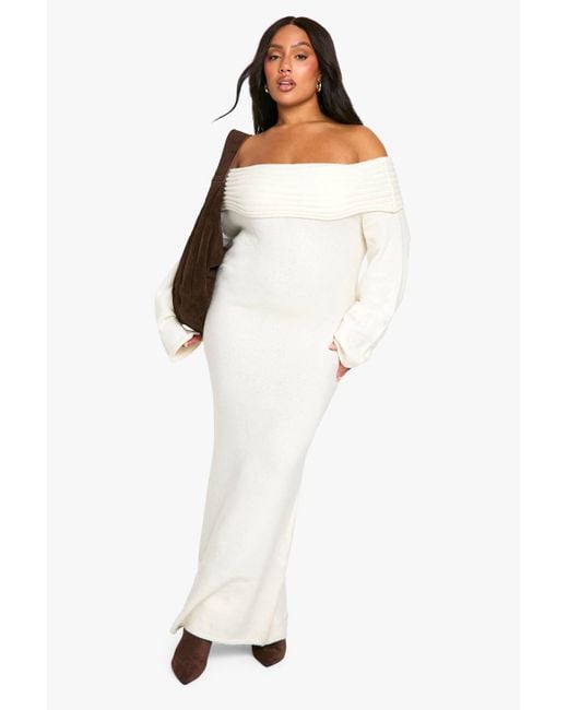 Boohoo Plus Premium Oversized Rib Bardot Neckline Soft Knit Sweater Dress  in White | Lyst