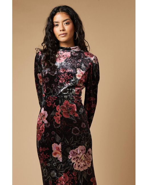 Oasis Brown Petite Printed Velvet Open Back Midaxi Dress