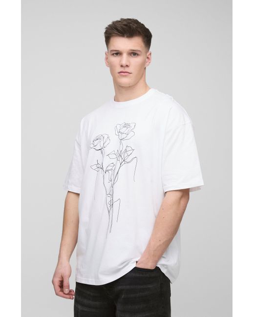 BoohooMAN White Tall Oversized Extended Neck Floral Line Drawing Print T-shirt for men