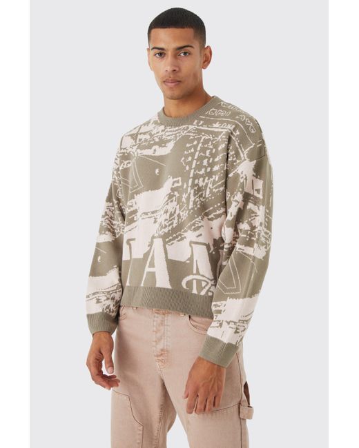 BoohooMAN Natural Boxy Oversized Graphic Jumper for men
