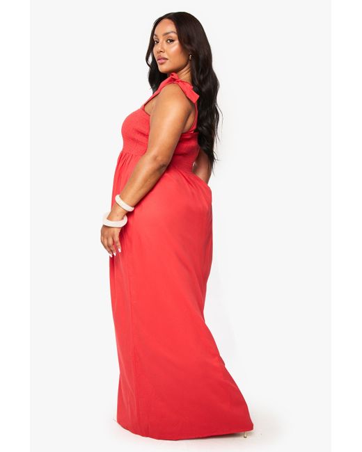 Boohoo Red Plus Cotton Poplin Tie Shoulder Maxi Dress