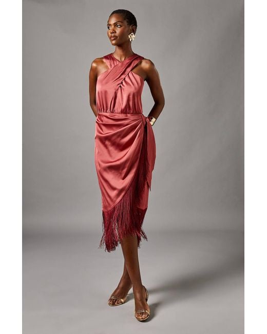 Coast Red Cross Neck Wrap Skirt Fringe Midi Dress
