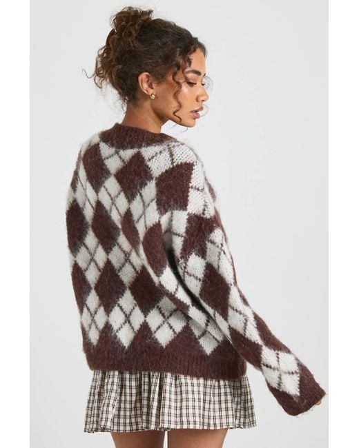 Boohoo Brown Premium Super Soft Brushed Knit V Neck Argyle Oversized Jumper
