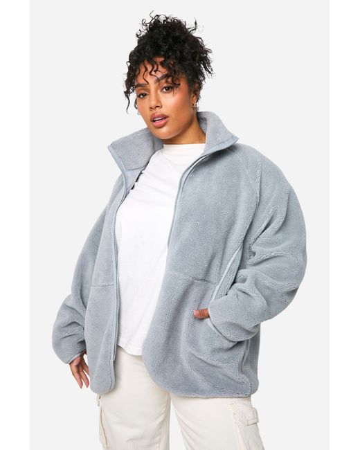 Chaqueta Plus Oversize De Borreguito Sintético Con Cremallera Boohoo de color Blue