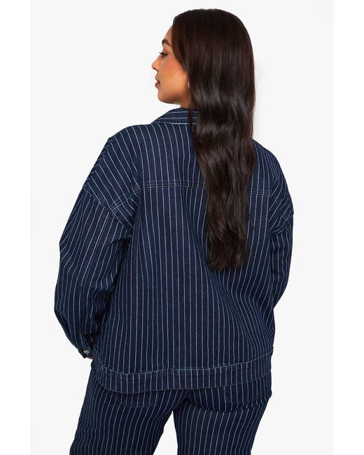 Boohoo Blue Plus Stripe Denim Collared Jacket