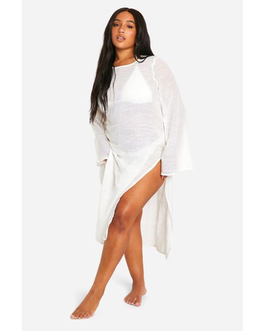 Boohoo White Plus Long Sleeve Thigh Split Maxi Beach Dress