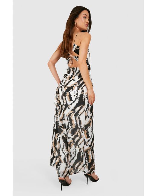 Boohoo White Tall Leopard Print Chiffon Ruffle Maxi Dress