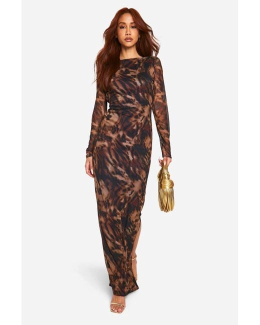 Boohoo Brown Mesh Low Scoop Back Maxi Dress