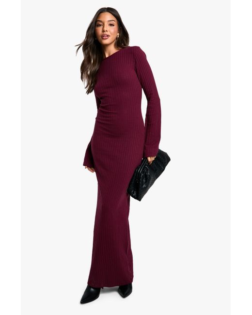 Boohoo Red Wide Rib Tie Back Flare Sleeve Maxi Dress