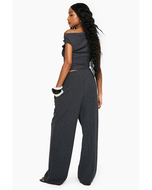 Boohoo Black Textured Top And Wide Leg Trouser