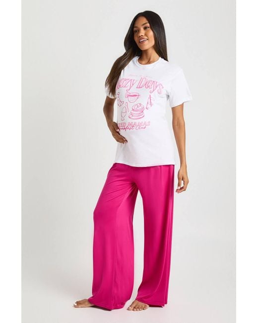 Boohoo Pink Maternity Tired Mama T-Shirt Shirt & Pj Bottom Set