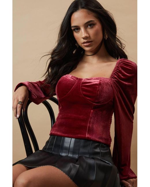 Oasis Red Velvet Blouson Sleeve Blouse