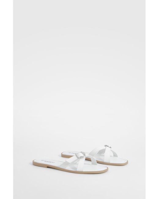 Boohoo White Crossover Buckle Mule Sandals