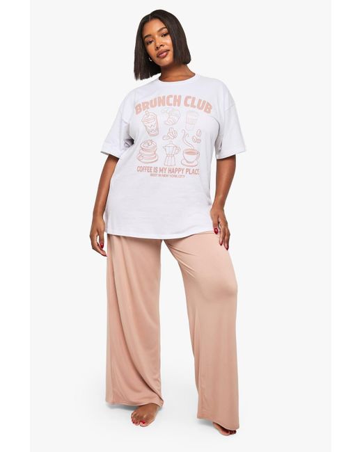 Boohoo White Plus Brunch Club T-Shirt & Trouser Pj Set