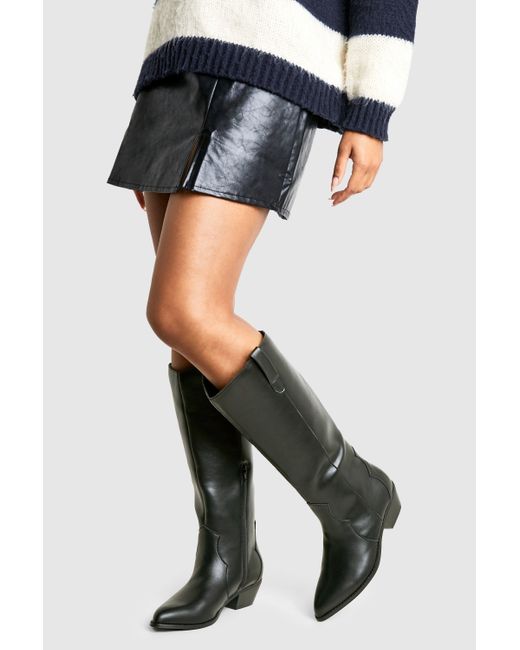 Boohoo Black Wide Fit Western Style Knee High Boots