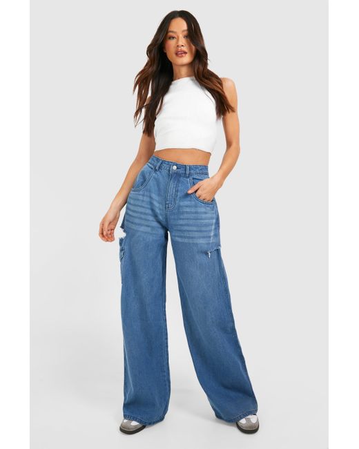 Boohoo Tall Blue Washed Side Rip Wide Leg Jeans