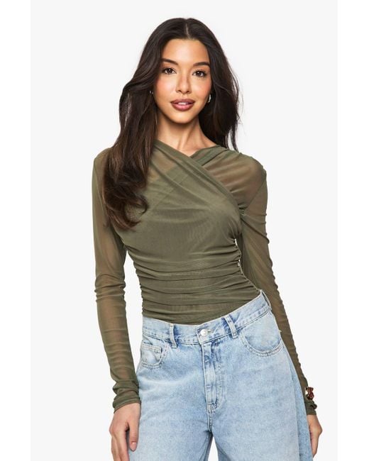 Boohoo Green Mesh Cross Over One Piece