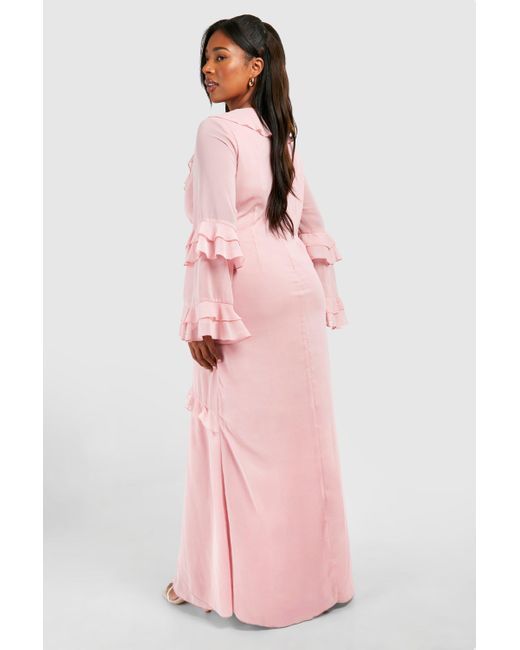 Boohoo Pink Plus Chiffon Ruffle Twist Front Split Maxi Dress