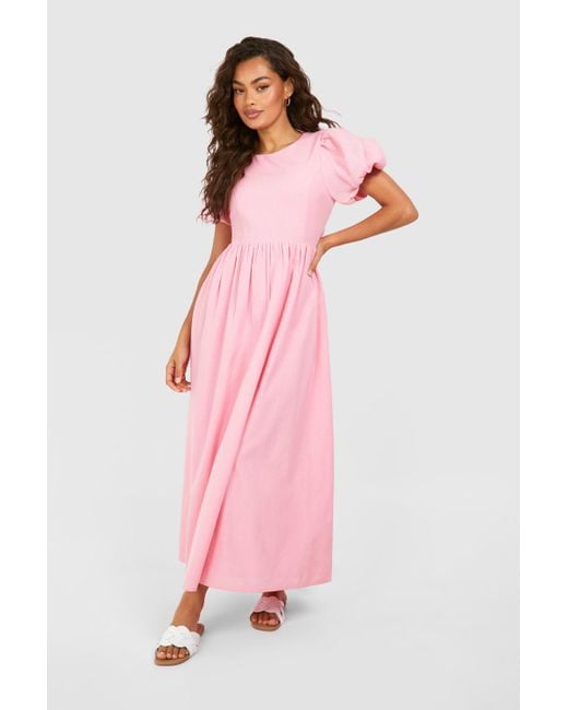 Boohoo Pink Textured Puff Sleeve Midi Dress